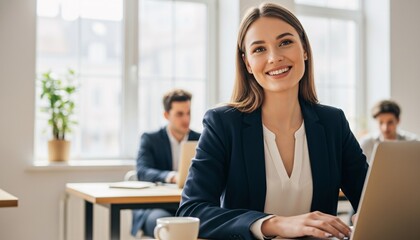 Confident Professional: A striking woman, radiant with a confident smile, engages in focused work at her desk, in a modern office, surrounded by her colleagues.