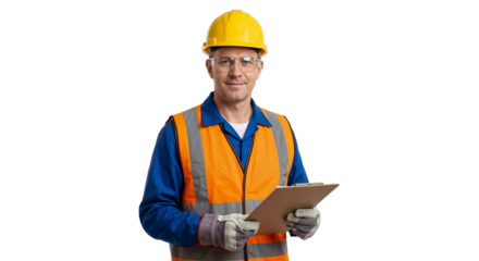 Construction worker holding clipboard and smiling in safety gear with orange vest and yellow hard hat