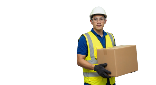 Worker in safety gear carrying a cardboard box in a controlled environment during the day