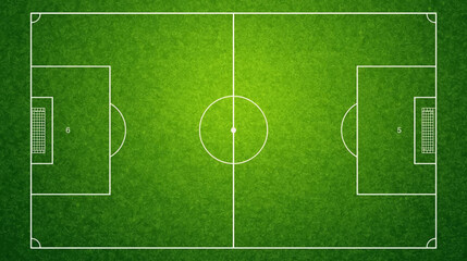 Top down flat graphic illustration of a vibrant green soccer field with subtle grass texture
