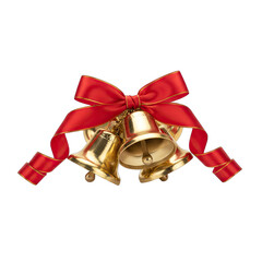 Golden Christmas Bells With Red Ribbon Bow And Curled Ribbons On Transparent Background With Soft Lighting