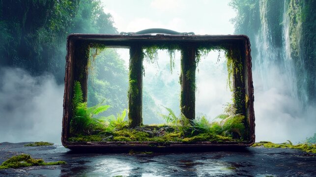 An old suitcase filled with lush greenery and moss sits on a wet surface with a misty waterfall in the background.