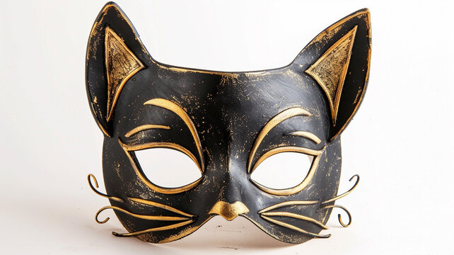 Elegant black and gold cat mask with whiskers and sharp ears, perfect for Venetian masquerade balls, carnival, and Halloween costumes.