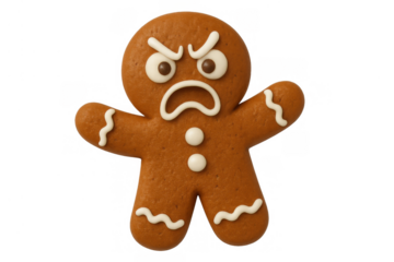 Gingerbread man cookie screaming or yelling expressing intense anger and frustration, isolated for christmas concepts