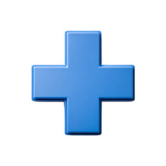 Bright blue medical cross symbol in 3D.