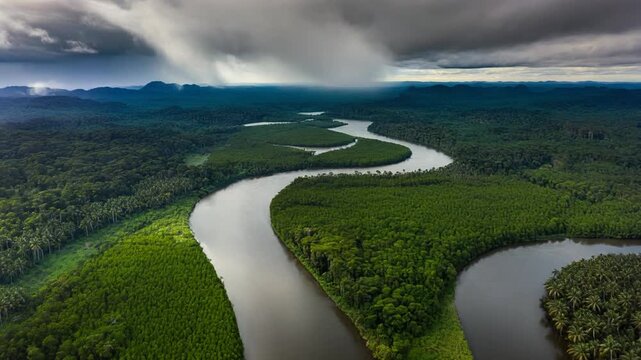 Large rainforest river curving through untouched vegetation with dark and light patches created by shifting clouds seen from an overhead forward motion