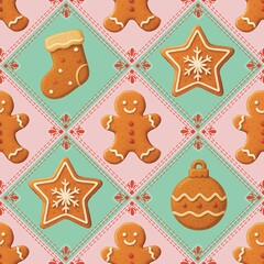 Christmas gingerbread seamless pattern, cute decoration for fabric, textile, wrapping paper, wallpaper, cover, background