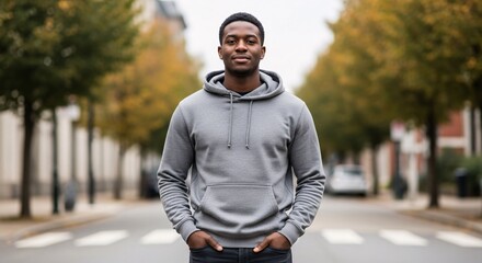 Confident Man on the Street: A young man exudes self-assurance as he stands on a picturesque street, the vibrant trees framing his composed pose. A portrait of modern urban life