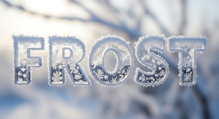 Word frost is displayed in icy letters with intricate snowflake patterns against a soft winter background creating a magical and seasonal atmosphere