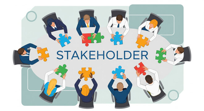 Stakeholders collaborate around a meeting table, uniting various puzzle pieces to achieve a shared vision and common business goals.
