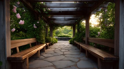 A beautiful garden pergola pathway lined with rustic wooden benches and abundant climbing pink roses bathed in the serene golden light of dawn