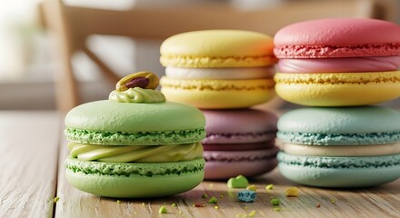 Colorful macarons stacked on a wooden surface create a delightful and visually appealing display of french pastry perfection for backgrounds and designs