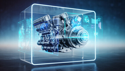 Automotive Engine: A detailed image of an engine, possibly a car engine, encased within a transparent futuristic display, with digital readouts overlayed, representing technology and innovation.