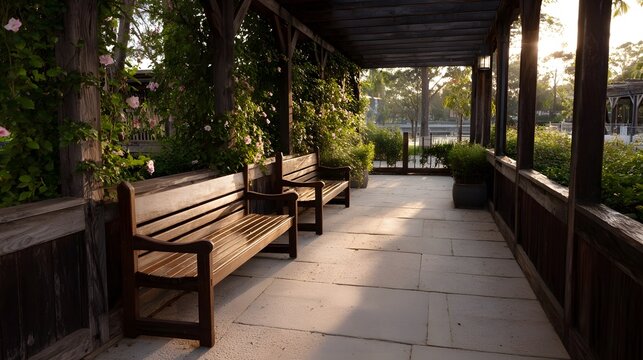 A tranquil wooden pavilion with comfortable benches and climbing flowers bathed in soft dawn light overlooking a serene garden landscape