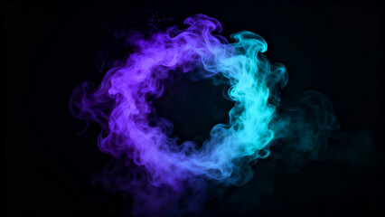 Abstract Neon Purple and Cyan Smoke Ring Circle Isolated on Black Background.
