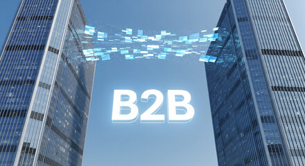 Two modern skyscrapers connected by a stream of glowing data boxes, with "B2B" clearly visible, symbolizing digital commerce and inter-business connection.