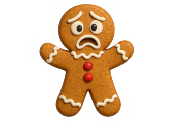 Gingerbread man cookie feeling sad and worried, expressing fear and anxiety for the holidays, transparent background