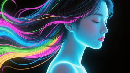 Striking profile of a woman with neon rainbow hair and glowing cyan skin against a dark background, creating a futuristic, artistic, and vibrant portrait.