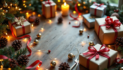 Christmas wrapping factory scene with festive gift boxes, glowing lights, pine cones and evergreen branches on wooden table creating warm joyful holiday atmosphere