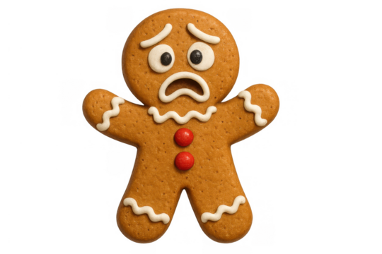 Gingerbread man cookie feeling sad and worried, expressing fear and anxiety for the holidays, transparent background - Powered by Adobe