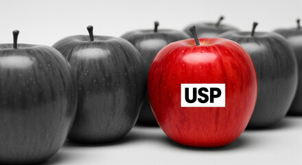 A single bright red apple labeled "USP" stands out among a row of black and white apples, symbolizing a unique selling proposition and differentiation.