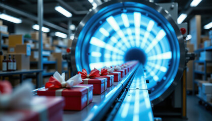 Christmas wrapping factory with conveyor belt carrying red gift boxes tied with white ribbons in modern industrial setting, festive atmosphere and bright lighting