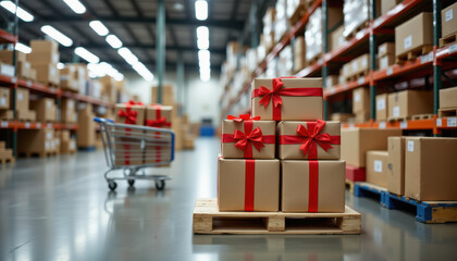 Christmas wrapping factory scene with festive gift boxes tied with red ribbons stacked on wooden pallet in warehouse, surrounded by shelves of packages and shopping cart in background