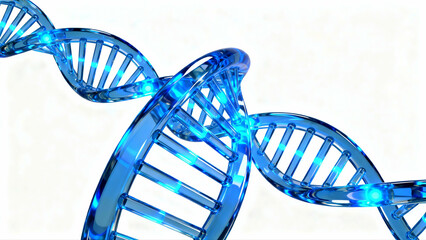Blue Glowing Glass DNA Double Helix Strand Isolated on White Background.