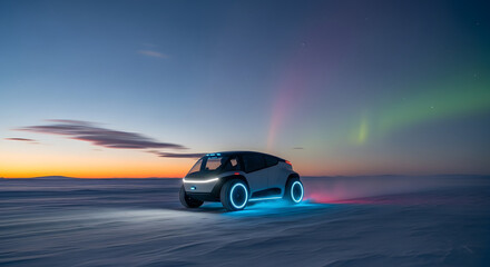 Fototapeta premium Aurora Chaser: An electric vehicle cruises across a serene, snow-covered landscape beneath the breathtaking display of the Aurora Borealis, blending innovation with nature's artistry.