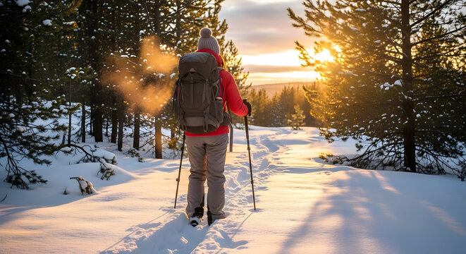 Winter Trek: Adventurous spirit treads through a snowy forest under a setting sun, evoking a sense of solitude and exploration. 