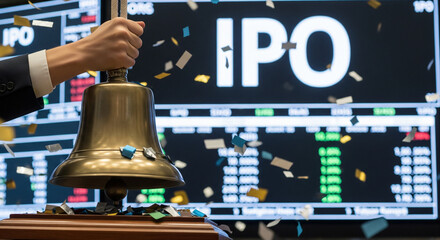 A hand ringing a brass bell on a trading floor, celebrating a major event, with a large screen displaying "IPO" and financial data in the background.