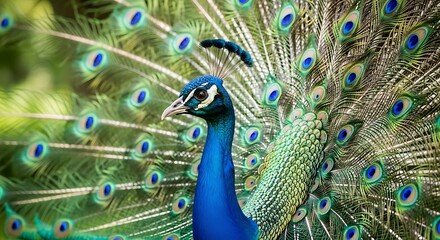 Obraz premium Majestic peacock displaying vibrant plumage with iridescent feathers in a lush green environment showcasing beauty and elegance in nature's artistry
