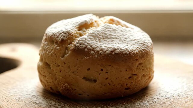 A freshly baked scone or biscuit, generously dusted with powdered sugar, resting on a rustic wooden board.