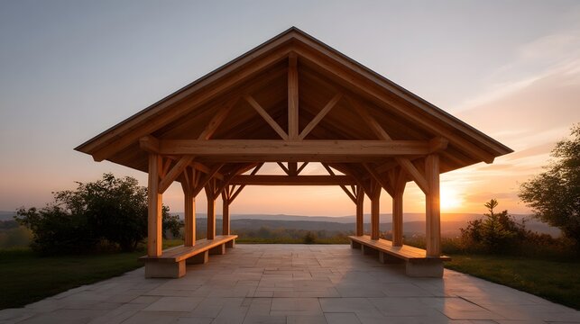 A wooden pavilion with open sides offers a scenic view of rolling hills at sunset