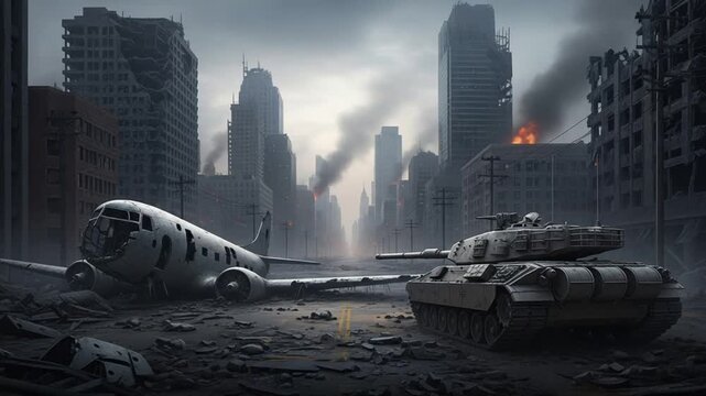 Apocalyptic Urban Wasteland: A desolate scene of a city, destroyed and consumed by conflict, showcases a grounded airplane, a formidable tank, and the remnants of towering buildings.