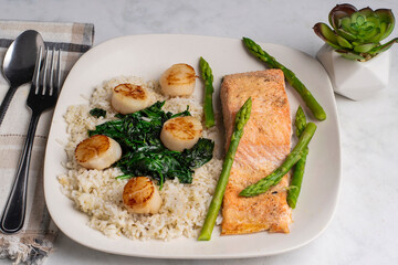 baked salmon   with pan sheared scallops  and rice