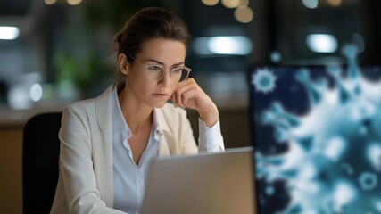 Person in office noticing virus notification pop-up, expressing worry and frustration, symbolizing real-time malware detection, digital security challenges, and user awareness in IT safety. - Powered by Adobe