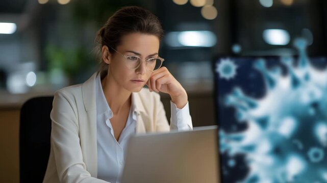 Person in office noticing virus notification pop-up, expressing worry and frustration, symbolizing real-time malware detection, digital security challenges, and user awareness in IT safety.