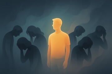 Illuminated figure standing confidently amidst a group of shadowed individuals expressing despair and emotional turmoil surrounded by a misty dark atmosphere symbolizing mental health challenges