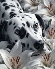 Dalmatian dog resting among white lily flowers, serene elegant pet portrait, floral nature scene, peaceful dog illustration for art prints and design backgrounds.