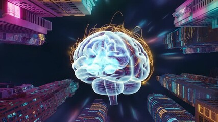 Abstract glowing brain with neural network connections surrounded by futuristic neon lit city buildings at night - Powered by Adobe