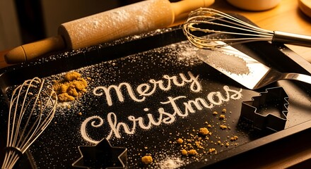 Baking christmas cookies with flour lettering on a tray with cookie cutters and kitchen utensils creating a festive holiday scene for baking enthusiasts