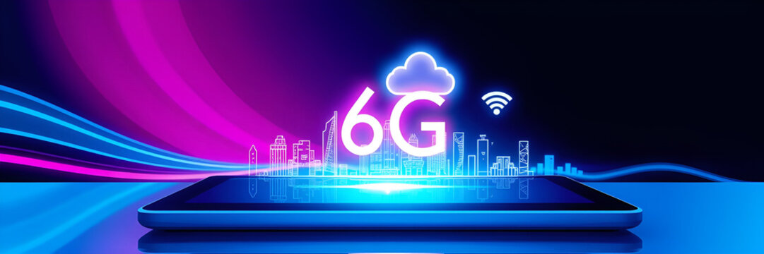 Experience the Future with 6G Technology on a Sleek Tablet Device Displaying a Cityscape with Vibrant Neon Lights and Cloud Connectivity for Enhanced Digital Speed - Powered by Adobe
