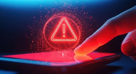Finger touching smartphone screen displaying glowing digital warning error icon alert.