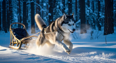 Siberian Husky's Winter Drive: A spirited Siberian husky races through a snowy winter wonderland, pulling an antique sleigh with remarkable agility and endurance.