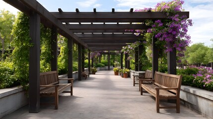 Obraz premium Shaded wooden pergola with climbing purple flowers and benches along a paved garden path