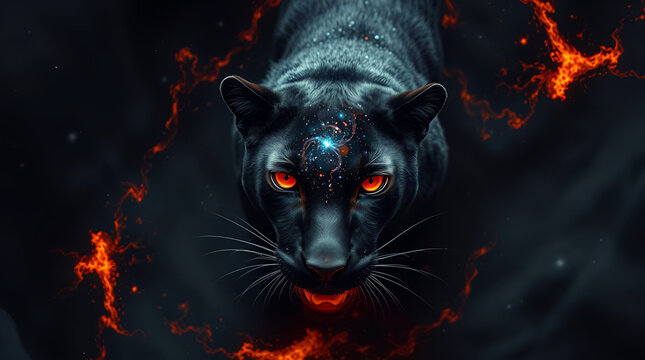 Majestic black panther with glowing eyes and galaxy effects radiating power, inspiring awe and wonder, perfect for fantasy art, spiritual concepts, and creative projects