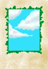 grunge paper background with clouds on the blue sky on the  center and green leaf as frame