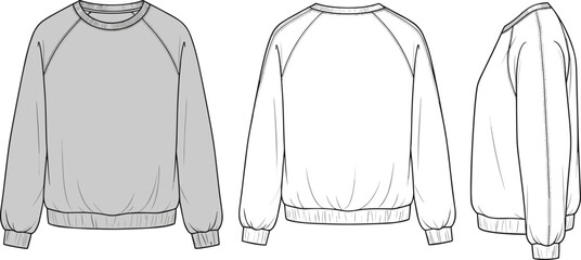 CAD Drawing Flat Vector Illustration of a Classic Raglan Sleeve Sweatshirt with Rib Cuffs Front Back and Side Views Technical Fashion Sketch © Creatives World