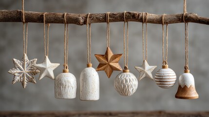 Minimalist christmas ornaments hang from rustic branch, showcasing stars, snowflakes, bells, baubles, and textured designs for Nordic holiday decor